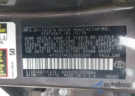2020 Toyota Camry Le Hybrid z USA, uszkodzony, nr VIN 4T1C31AK2LU011200